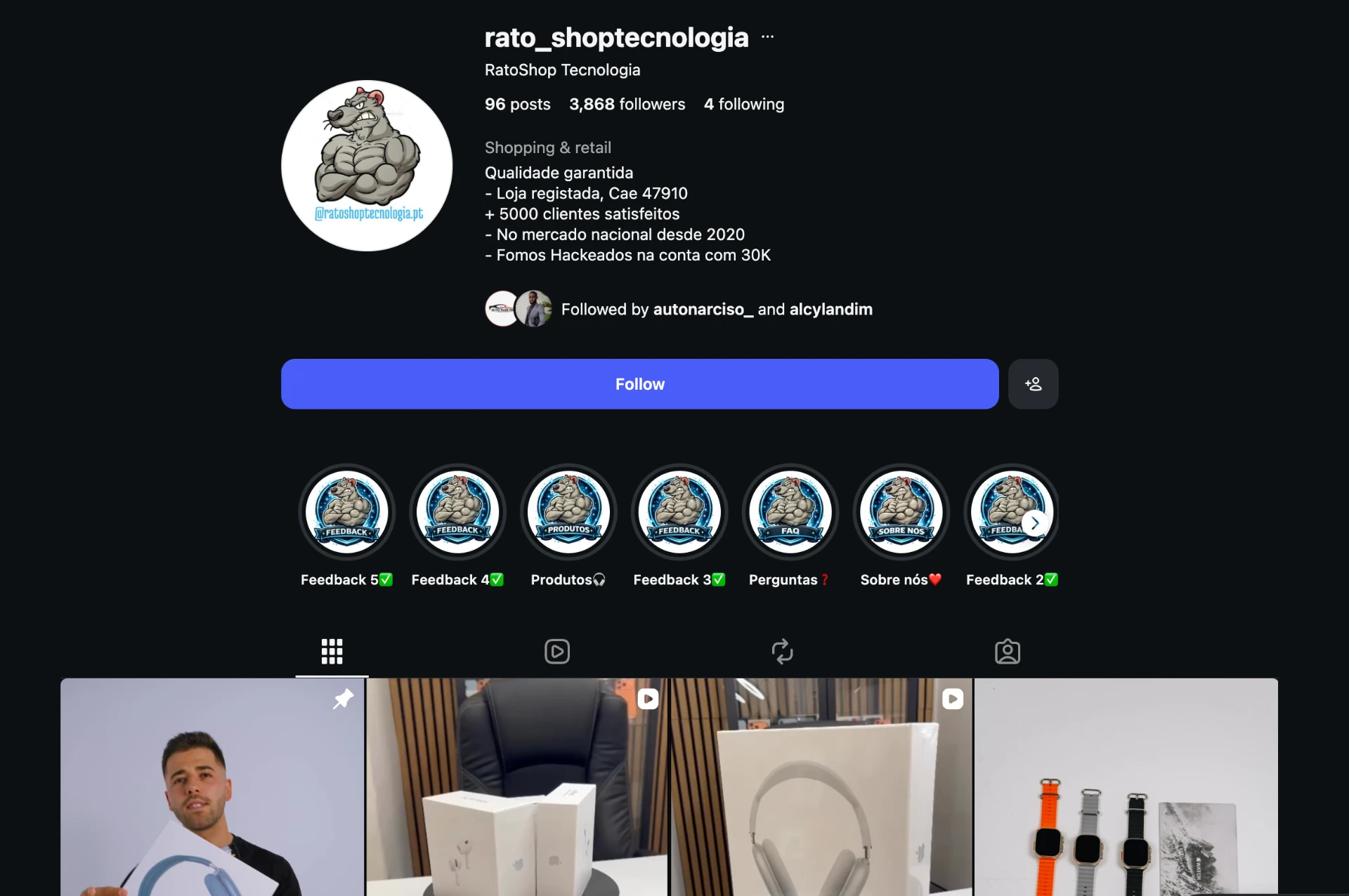 Perfil de Instagram @rato_shoptecnologia